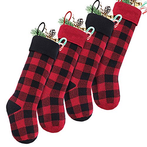 Treory Knit Christmas Stockings, 4 Pack 18 inches Knitted Christmas Decorations with Buffalo Plaid pattern, for Family Holiday Season Decor, Red and Black