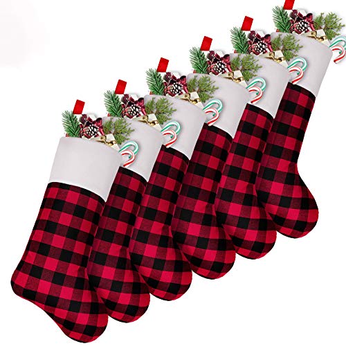 Treory Christmas Stockings, 6 Pack 18 inches Buffalo Plaid with Plush Cuff, Classic Stocking Decorations for Whole Family, Red and Black
