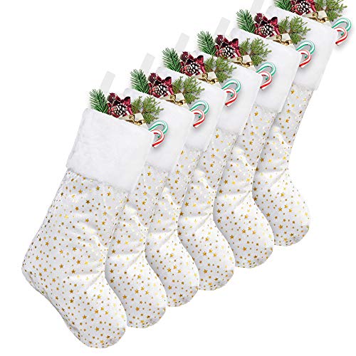 Treory Christmas Stockings, 6 Packs 18 inches Glitter Golden Star Print with Plush Cuff, Classic Stocking Decorations for Whole Family, White and Golden
