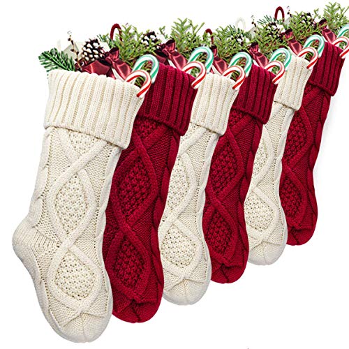 Treory Christmas Stockings, 6 Pack 15 inches Small Size Cable Knit Knitted Xmas Rustic Personalized Stocking Decorations for Family Holiday Season Decor, Cream or Burgundy