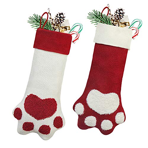 Treory Christmas Stockings, 2 Pack 18 inches Knitted Christmas Decorations, Shape of Dog Paw, Red and White