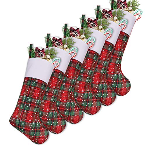 Treory Christmas Stockings, 6 Pack 18 inches Plaid Snowflake Print Christmas Stockings, Xmas Holiday Home Decorations