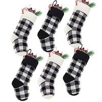 Treory Knit Christmas Stockings, 6 Pack 9 inches Knitted Christmas Decorations with Buffalo Plaid pattern, for Family Holiday Season Decor, Black and White