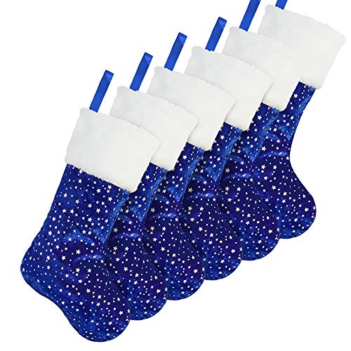 Treory Christmas Stockings, 6 Pack 18 inches Glitter Golden Star Print with Plush Cuff, Classic Stocking Decorations for Whole Family, Blue and Silver