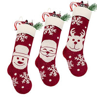 Treory Christmas Stockings, 3 Pack 18 inches Knitted Christmas Decorations with Snowflakes, Santa Claus, reindeer, for Heavy Yarn Xmas Decor Holiday Decoration, Burgundy and Cream