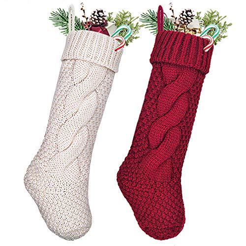 Treory Christmas Stockings, 2 Pack 18 inches Large Size Cable Knit Knitted Xmas Rustic Personalized Stocking Decorations for Family Holiday Season Decor, Cream or Burgundy