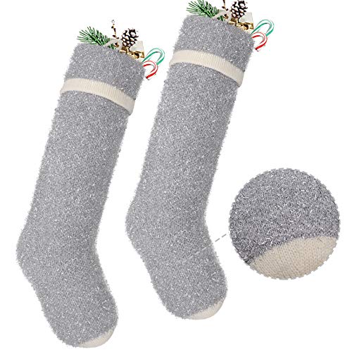Treory Christmas Stockings, 2 Pack 18 inches Knitted Glitter Silver Christmas Decorations, Classic Stockings Decor for Whole Family, Blingbling Silver