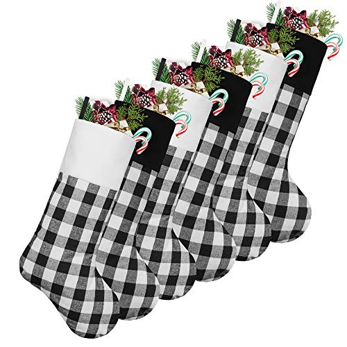 Treory Christmas Stockings, 6 Pack 18 inches Buffalo Plaid with Plush Cuff, Classic Stocking Decorations for Whole Family, Black and White