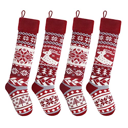 Treory Christmas Stockings, 4 Pack 24 inches Extra Long Snowflake Reindeer Knit Knitted Xmas Rustic Personalized Large Stocking Decorations for Family Holiday Season Decor, Cream Burgundy