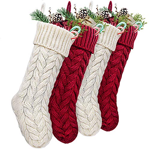 Treory Christmas Stockings, 4 Pack 18 inches Large Size Cable Knit Knitted Xmas Stockings, Rustic Personalized Stocking Decorations for Family Holiday Season Decor, Cream and Burgundy