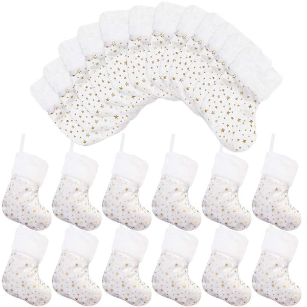 LimBridge Christmas Mini Stockings, 24 Packs 7 inches Glitter Golden Star Print with Plush Cuff, Classic Stocking Decorations for Whole Family, White and Golden
