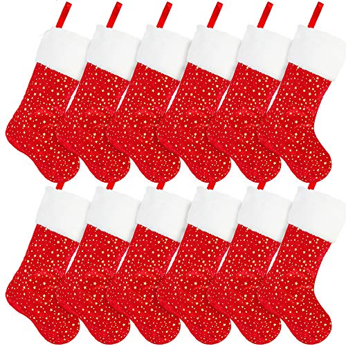 Treory Christmas Stockings, 12 Pack 18 inches Glittery Golden Star with White Plush Trim, Classic Personalized Large Stocking Decorations for Family Holiday Season Decor, Red