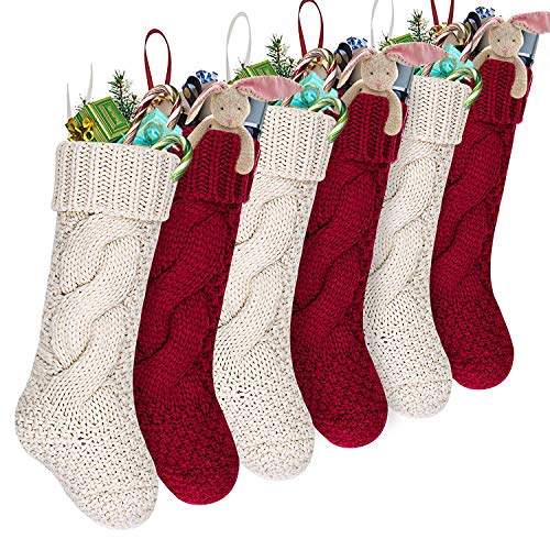Treory Christmas Stockings, 6 Pack 15 inches Small Size Cable Knit Knitted Xmas Rustic Personalized Stocking Decorations for Family Holiday Season Decor, Cream or Burgundy