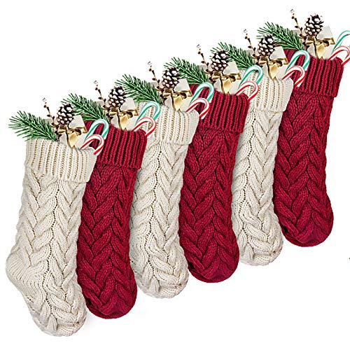 Treory Christmas Stockings, 6 Pack 15 inches Cable Knit Knitted Xmas Rustic Personalized Stocking Decorations for Family Holiday Season Decor, Cream Burgundy