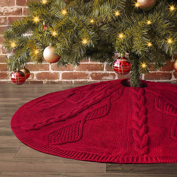 Treory Christmas Tree Skirt, 48 inches Diamond Knit Knitted Thick Rustic Xmas Holiday Decoration, Burgundy