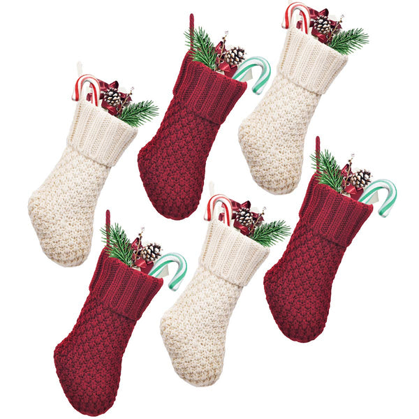 Treory Christmas Mini Stockings, 6 Pack 7 inches Knitted Knit Rustic Stocking Decorations for Whole Family, Burgundy and Cream