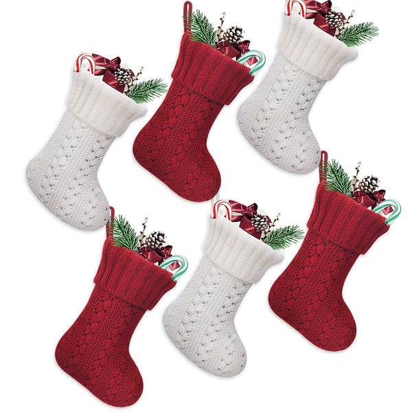 LimBridge Christmas Mini Stockings, 6 Pack 7 inches Knitted Knit Rustic Holiday Decorations for Family Home, White and Red