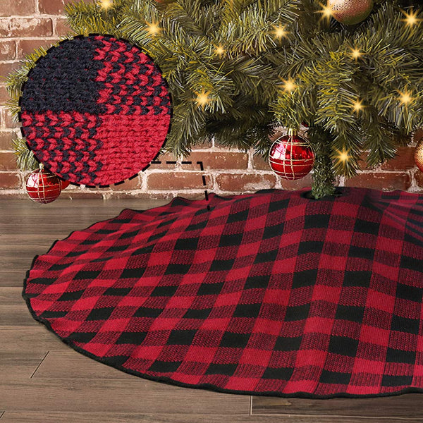 Treory Christmas Tree Skirt, 48 inch Knitted Christmas Decorations with Buffalo Plaid Pattern, Red and Black