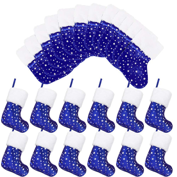 LimBridge Christmas Mini Stockings, 24 Pack 7 inches Glitter Golden Star Print with Plush Cuff, Classic Stocking Decorations for Whole Family, Blue and Silver