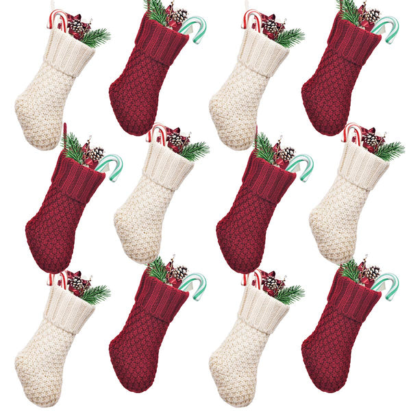 LimBridge Christmas Mini Stockings, 12 Pack 7 inches Knit Knitted Rustic Stocking Decorations, goodie Bags for Family Friends, Cream Burgundy
