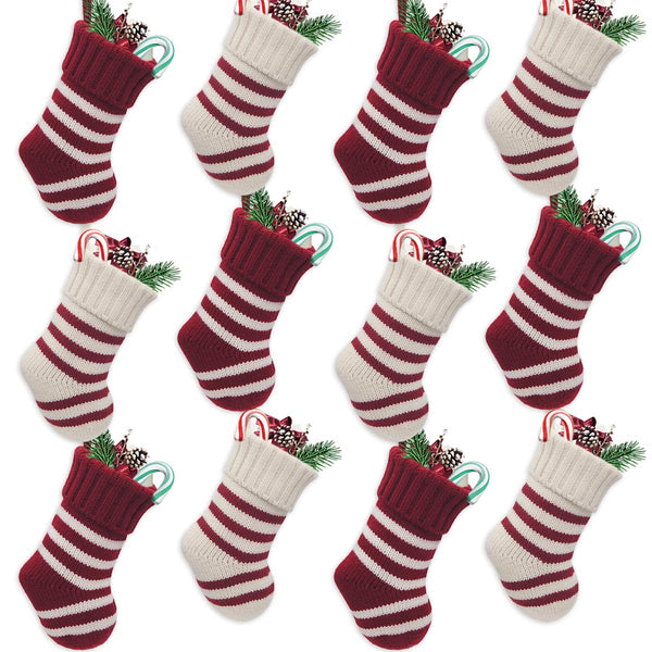LimBridge Christmas Mini Stockings, 12 Pack 9 inches Knit Knitted Stripe Rustic Holiday Decorations, goodie Bags for Family Friends, Cream Burgundy