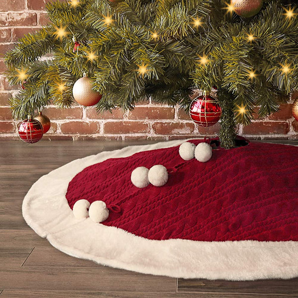 Treory Christmas Tree Skirt, 48 inches Knitted Skirt with Plush Faux Fur Edge, Rustic Thick Heavy Yarn Knit Xmas Holiday Decoration, Burgundy and White
