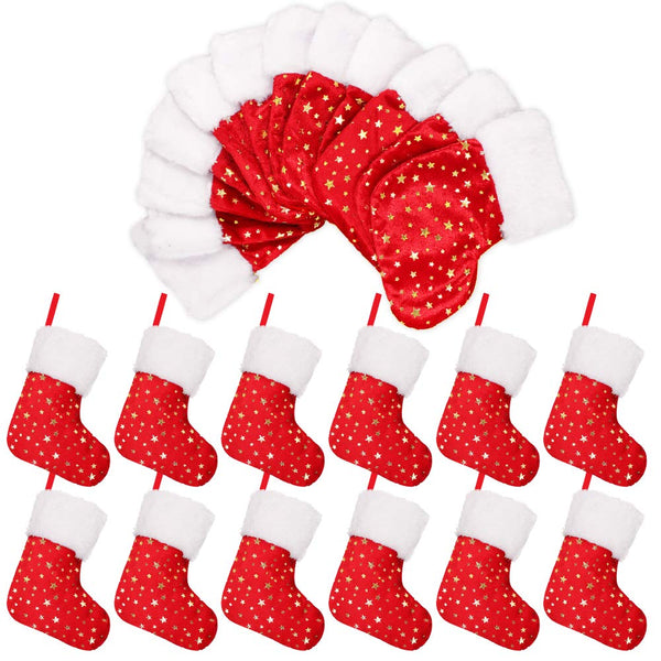 LimBridge Christmas Mini Stockings, 24 Pack 8 inches Glitter Star print with Plush Cuff, Classic Stocking Decorations for Whole Family, Red