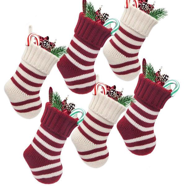 LimBridge Christmas Mini Stockings, 6 Pack 9 inches Knitted Knit Stripe Rustic Holiday Decorations, goodie Bags for Family and Friends, Burgundy and Cream