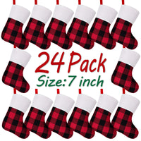 LimBridge Christmas Mini Stockings, 24 Pack 7 inches Buffalo Plaid with Plush Cuff, Classic Stocking Decorations for Whole Family, Red and Black