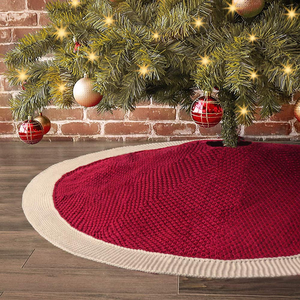 Treory Christmas Tree Skirt, 48 inches Knitted Knit Thick Heavy Yarn Rustic Xmas Holiday Decoration, Burgundy and Cream