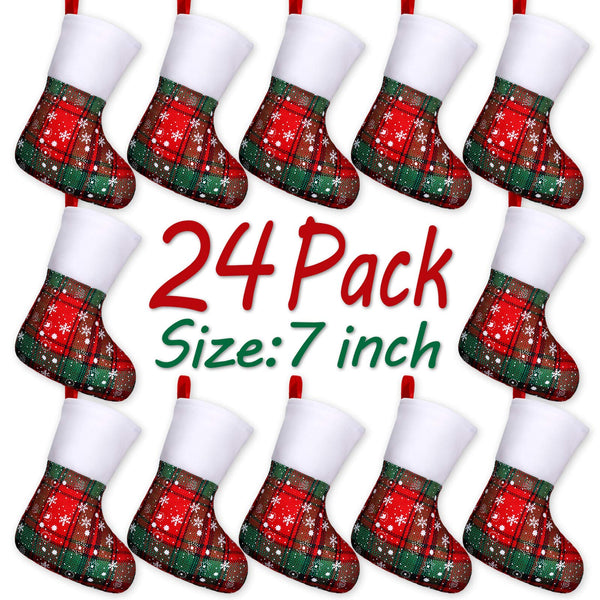 LimBridge Christmas Mini Stockings, 24 Pack 7 inches Plaid Snowflake Print with Fleece Cuff, Rustic Stocking Decorations for Whole Family