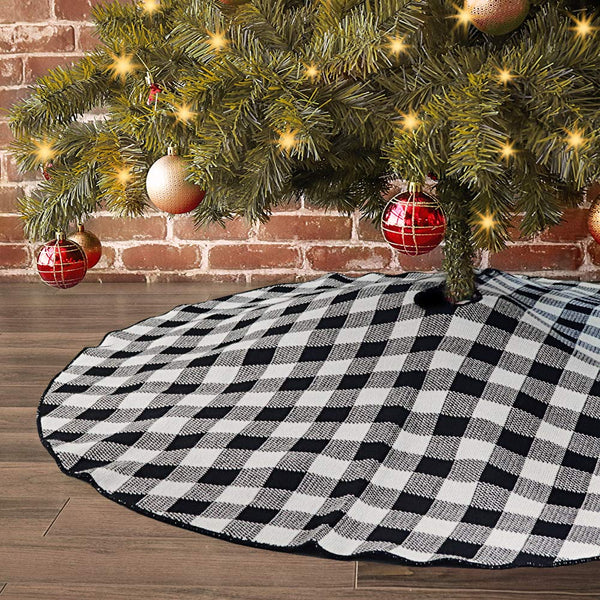Treory Christmas Tree Skirt, 48 inch Knitted Christmas Decorations with Buffalo Plaid Pattern, White and Black