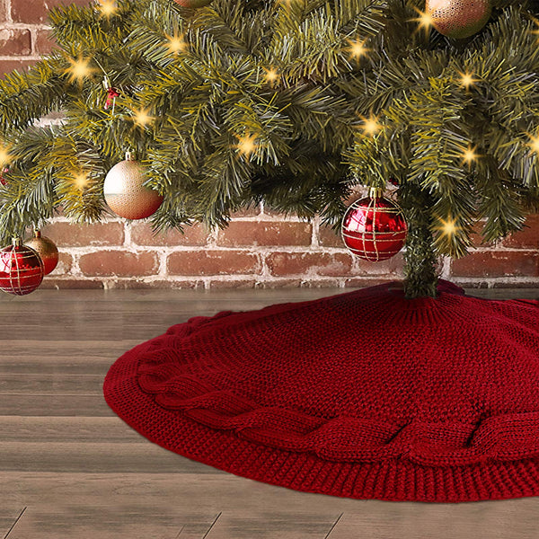 Treory Christmas Tree Skirt, 36 inches Cable Knitted Thick Rustic Tree Skirts, for Xmas Decor Holiday Decoration, Burgundy