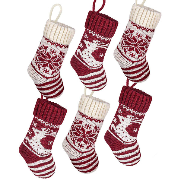 LimBridge Christmas Mini Stockings, 6 Pack 9 inches Knit Knitted Snowflake Reindeer Rustic Holiday Decorations, goodie Bags for Family Friends, Cream Burgundy