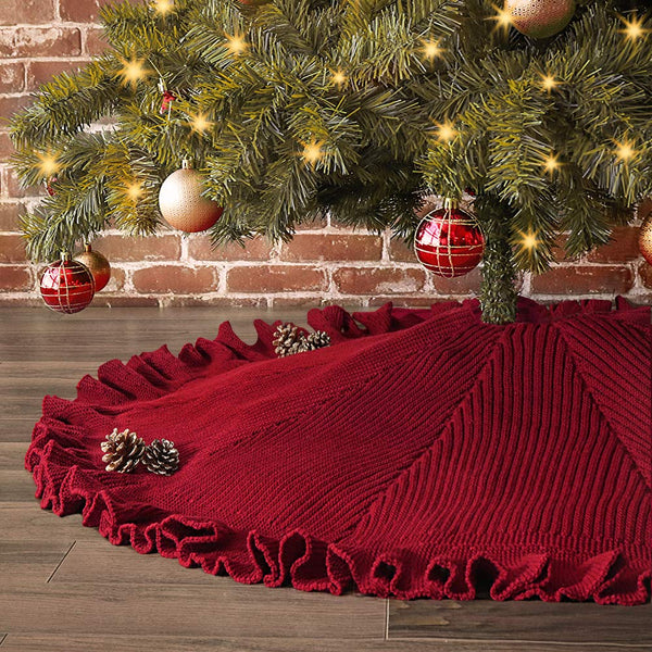 Treory Christmas Tree Skirt, 48 inches Ruffled Knit Knitted Thick Rustic Xmas Holiday Decoration, Burgundy