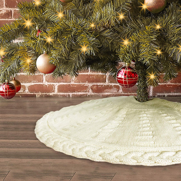 Treory Knitted Christmas Tree Skirt, 36 Inches Cable Knit Edge, Rustic Heavy Yarn Tree Skirts for Xmas Decor Holiday Decoration, Cream White