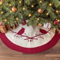 Treory Christmas Tree Skirt, 48 inches Knitted Thick Cardinals Birds Rustic Xmas Holiday Decoration, Cream and Burgundy