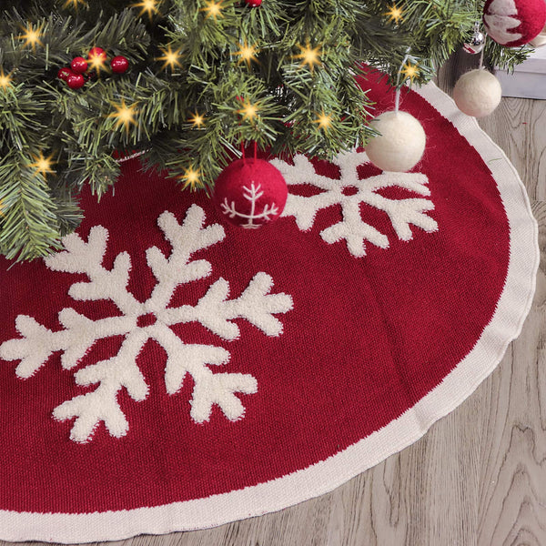 Treory Knitted Christmas Tree Skirt, 48 Inches Knitted Christmas Decorations, Wine Red Heavy Yarn Xmas Holiday Decoration with White Snowflakes, Burgundy and Cream