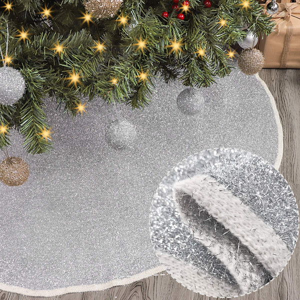 Treory Christmas Tree Skirt, 48 inches Knitted Sparkle Glitter Christmas Decorations, for Xmas Decor Holiday Decoration, Shimmering Silver