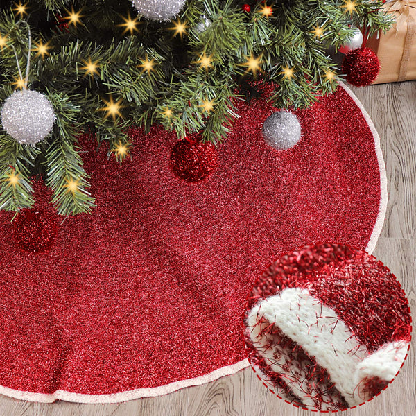 Treory Christmas Tree Skirt, 48 inches Knitted Sparkle Glitter Christmas Decorations, for Xmas Decor Holiday Decoration, Shimmer Red