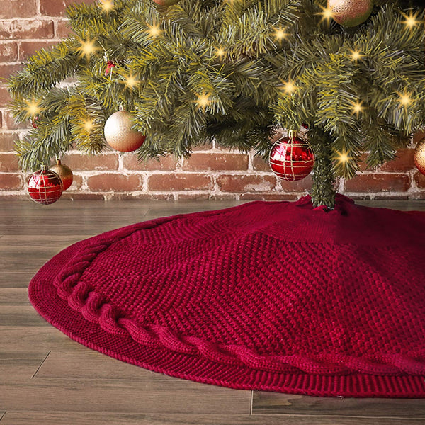 Treory Christmas Tree Skirt, 48 inches Cable Knit Knitted Thick Rustic Xmas Holiday Decoration, Burgundy